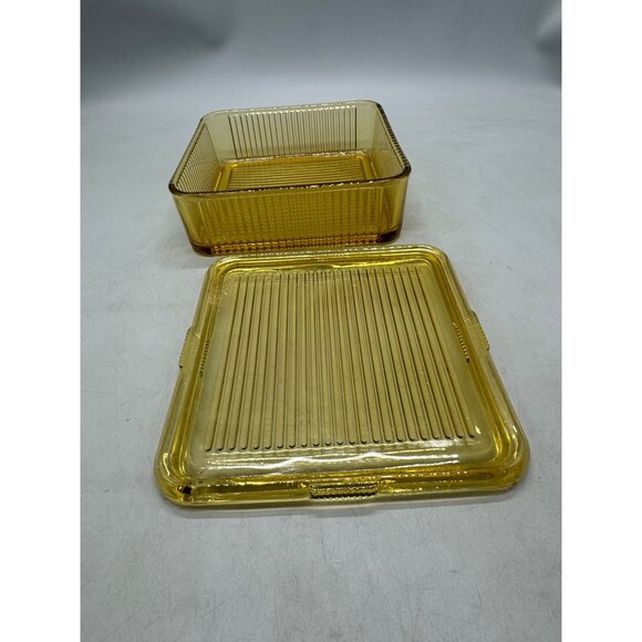Vintage Square Federal Glass Yellow Ribbed Refrigerator Lidded Box 8.5" READ - Picture 3 of 7